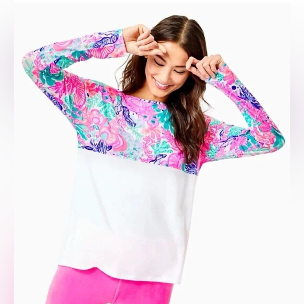 Lilly Pulitzer Women's Finn Top Seaside Carnivale Long Sleeve Pink White Size M